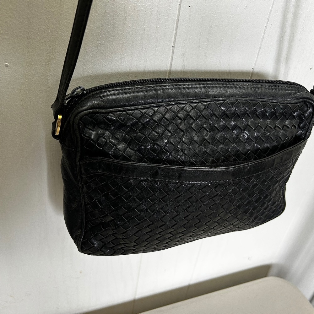 Ganson Black Leather Woven Purse Crossbody Shoulder Bag